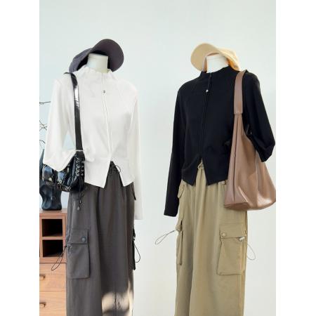 春季新款双拉链长袖T恤女内搭打底衫上衣  服裝批發女裝批發服飾貨源