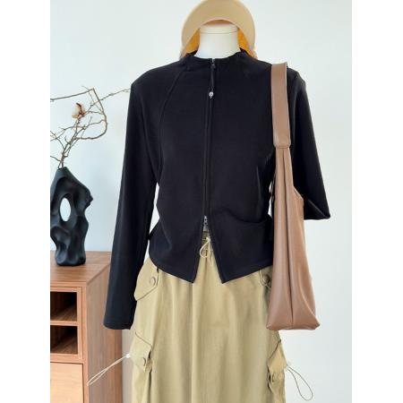 春季新款双拉链长袖T恤女内搭打底衫上衣  服裝批發女裝批發服飾貨源