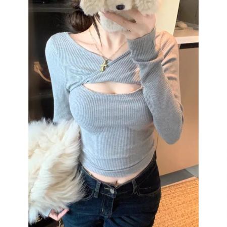 BY10982# 羊绒长袖针织上衣女春季新款性感镂空毛衣内搭打底衫  服裝批發女裝批發服飾貨源