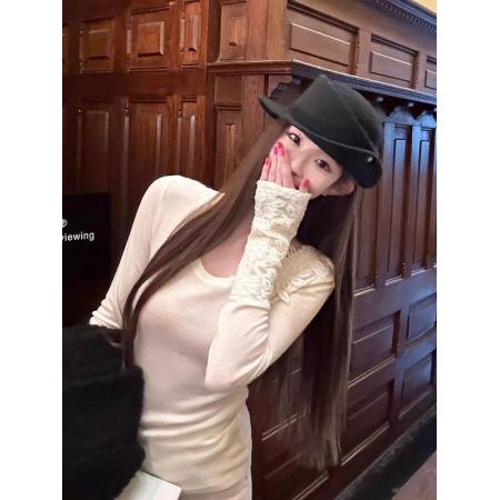 春季蕾丝花边V领恤独特收腰长袖上衣女  服裝批發女裝批發服飾貨源