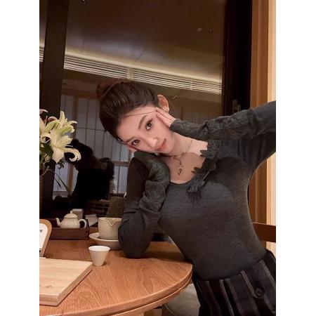 春季蕾丝花边V领恤独特收腰长袖上衣女  服裝批發女裝批發服飾貨源