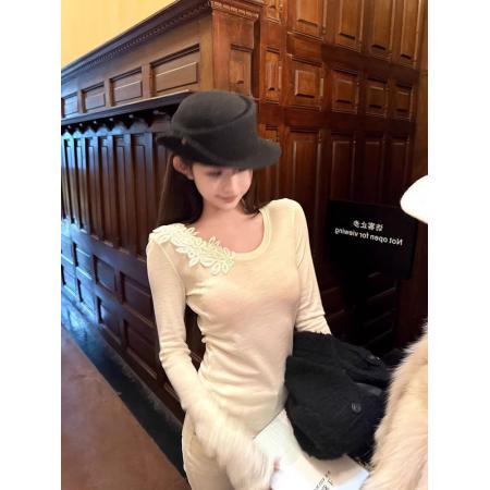 春季蕾丝花边V领恤独特收腰长袖上衣女  服裝批發女裝批發服飾貨源