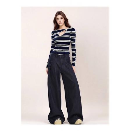 T恤女春季新款纽扣修身美式上衣纯欲性感条纹长袖  服裝批發女裝批發服飾貨源