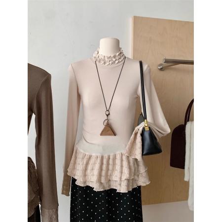 韩系春秋蕾丝花边拼接长袖T恤女修身半高领设计打底上衣  服裝批發女裝批發服飾貨源