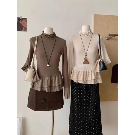 韩系春秋蕾丝花边拼接长袖T恤女修身半高领设计打底上衣  服裝批發女裝批發服飾貨源