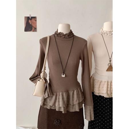 韩系春秋蕾丝花边拼接长袖T恤女修身半高领设计打底上衣  服裝批發女裝批發服飾貨源