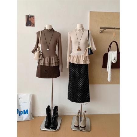 韩系春秋蕾丝花边拼接长袖T恤女修身半高领设计打底上衣  服裝批發女裝批發服飾貨源