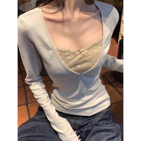 新款纯欲蝴蝶结蕾丝拼接系带T恤女春季修身打底显瘦上衣  服裝批發女裝批發服飾貨源