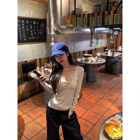 新款纯欲蝴蝶结蕾丝拼接系带T恤女春季修身打底显瘦上衣  服裝批發女裝批發服飾貨源