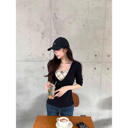 新款纯欲蝴蝶结蕾丝拼接系带T恤女春季修身打底显瘦上衣  服裝批發女裝批發服飾貨源