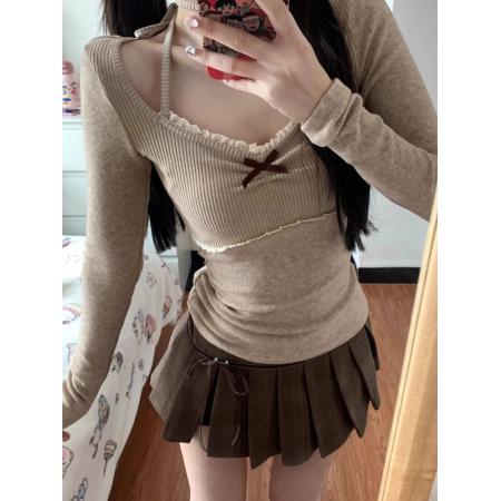 美式复古蕾丝挂脖长袖T恤女春短款修身气质显瘦日系港风打底上衣  服裝批發女裝批發服飾貨源