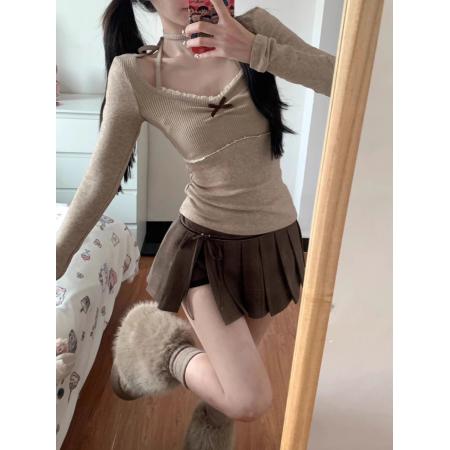 美式复古蕾丝挂脖长袖T恤女春短款修身气质显瘦日系港风打底上衣  服裝批發女裝批發服飾貨源