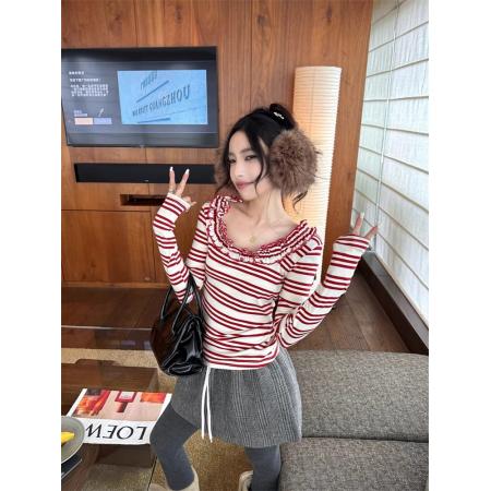 韩系设计感小众木耳边条纹长袖T恤女装甜美系露锁骨上衣  服裝批發女裝批發服飾貨源