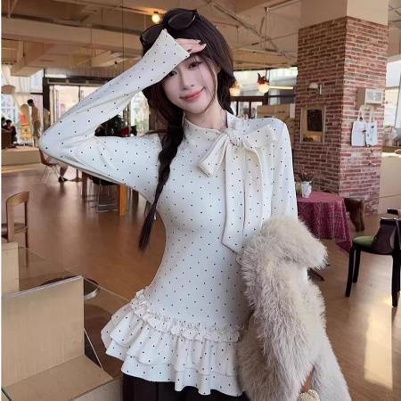 韩系绑带蝴蝶结荷叶边波点打底衫女春季内搭修身显瘦上衣  服裝批發女裝批發服飾貨源