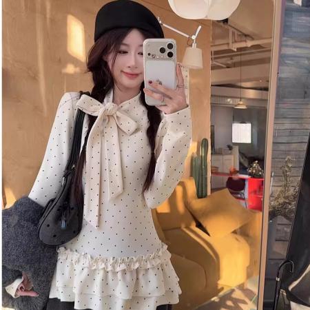 韩系绑带蝴蝶结荷叶边波点打底衫女春季内搭修身显瘦上衣  服裝批發女裝批發服飾貨源