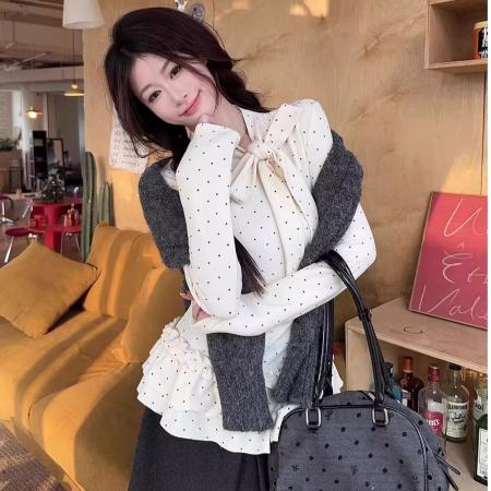韩系绑带蝴蝶结荷叶边波点打底衫女春季内搭修身显瘦上衣  服裝批發女裝批發服飾貨源