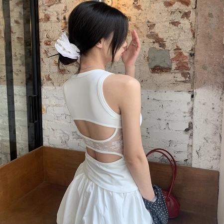 BY10994# 人棉蕾丝拼接镂空露背内搭背心女夏季无袖紧身性感上衣  服裝批發女裝批發服飾貨源