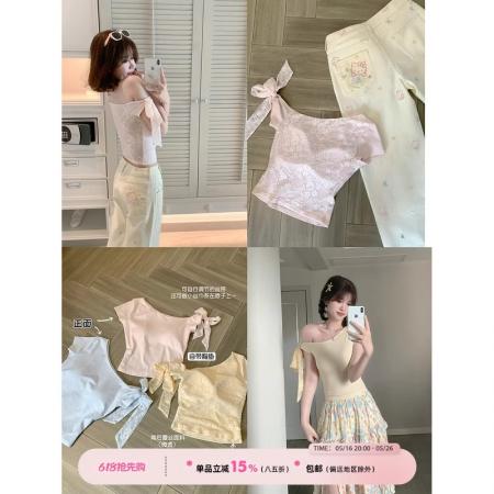 人棉带胸垫斜领短袖T恤女夏蕾丝拼接短款带胸垫上衣  服裝批發女裝批發服飾貨源