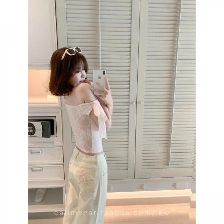 人棉带胸垫斜领短袖T恤女夏蕾丝拼接短款带胸垫上衣  服裝批發女裝批發服飾貨源