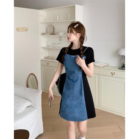 大码复古牛仔连衣裙女夏季胖mm遮肚显瘦假两件裙  服裝批發女裝批發服飾貨源