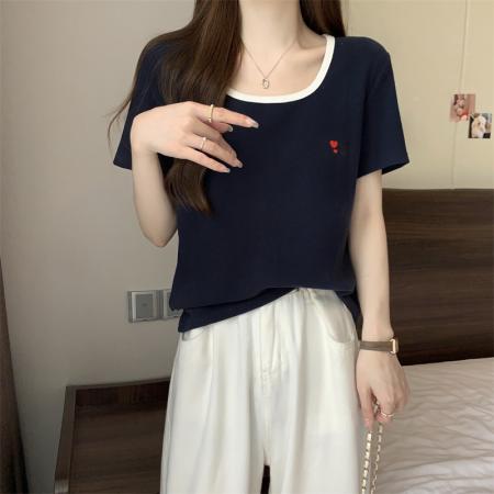 福利款设计感爱心刺绣上衣夏小个子显瘦方领短袖正肩T恤  服裝批發女裝批發服飾貨源