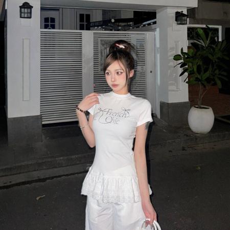 蕾丝花边拼接芭蕾风烫钻黑色短袖t恤夏美式修身百搭上衣  服裝批發女裝批發服飾貨源