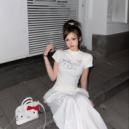 蕾丝花边拼接芭蕾风烫钻黑色短袖t恤夏美式修身百搭上衣  服裝批發女裝批發服飾貨源