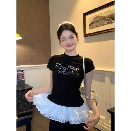 蕾丝花边拼接芭蕾风烫钻黑色短袖t恤夏美式修身百搭上衣  服裝批發女裝批發服飾貨源