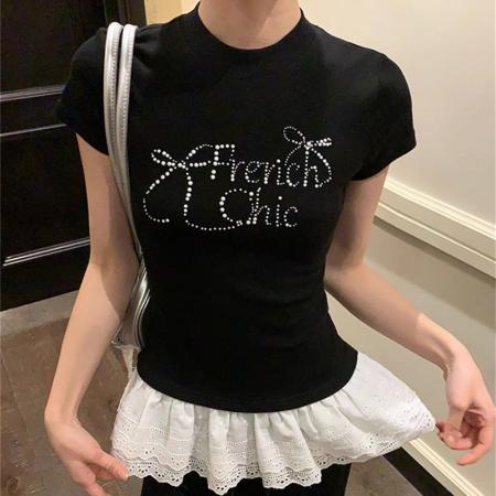 蕾丝花边拼接芭蕾风烫钻黑色短袖t恤夏美式修身百搭上衣  服裝批發女裝批發服飾貨源