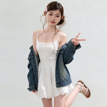 白色吊带连衣裙女夏季新款小个子收腰显瘦花苞短裙子  服裝批發女裝批發服飾貨源