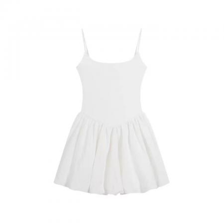 白色吊带连衣裙女夏季新款小个子收腰显瘦花苞短裙子  服裝批發女裝批發服飾貨源