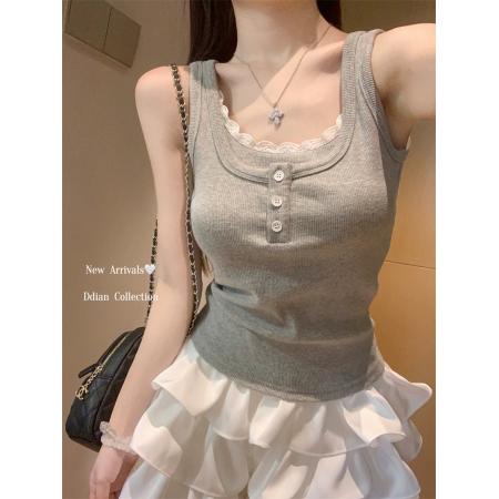 蕾丝花边假两件工字背心女夏季新款修身显瘦辣妹上衣内搭短款  服裝批發女裝批發服飾貨源