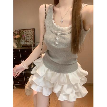 蕾丝花边假两件工字背心女夏季新款修身显瘦辣妹上衣内搭短款  服裝批發女裝批發服飾貨源