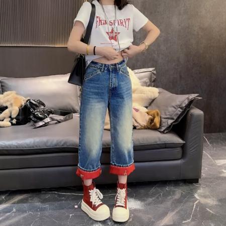 春季新款直筒八分牛仔裤子女卷边小马刺绣重工百搭洋气裤子  服裝批發女裝批發服飾貨源
