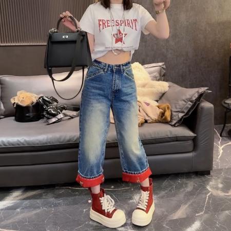 春季新款直筒八分牛仔裤子女卷边小马刺绣重工百搭洋气裤子  服裝批發女裝批發服飾貨源