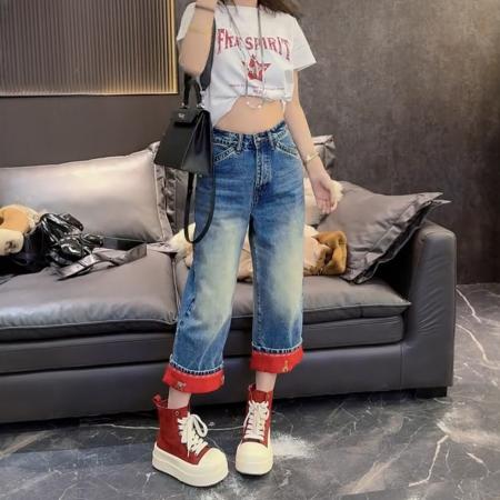 春季新款直筒八分牛仔裤子女卷边小马刺绣重工百搭洋气裤子  服裝批發女裝批發服飾貨源