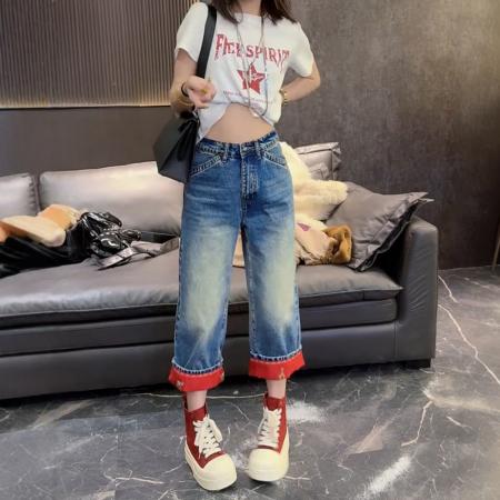 春季新款直筒八分牛仔裤子女卷边小马刺绣重工百搭洋气裤子  服裝批發女裝批發服飾貨源