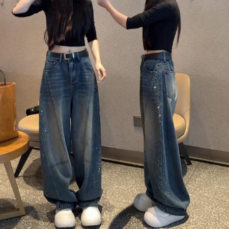 满天星烫钻弯刀牛仔裤女春季新款复古蓝阔腿裤大码胖mm直筒裤  服裝批發女裝批發服飾貨源