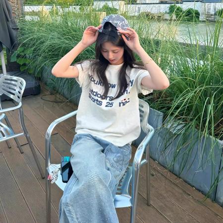 纯棉标语印花纯棉短袖t恤女  服裝批發女裝批發服飾貨源