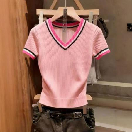 BY11013# 法式撞色V领冰丝针织短袖T恤春夏季新款修身显瘦气质百搭上衣  服裝批發女裝批發服飾貨源