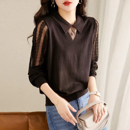 BY11014# 早春娃娃领长袖t恤女短款春秋年新款针织衫薄款蕾丝镂空上衣  服裝批發女裝批發服飾貨源