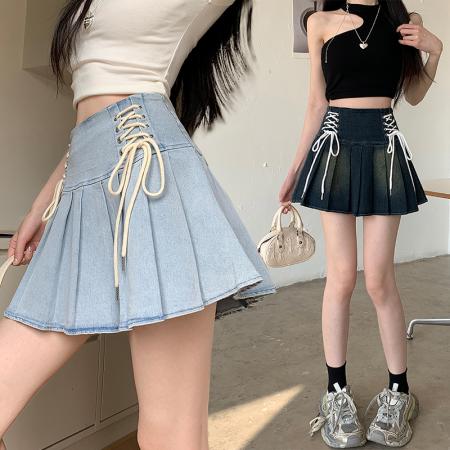 复古双边绑绳系带半身裙高腰显瘦百褶裙小个子牛仔短裙  服裝批發女裝批發服飾貨源