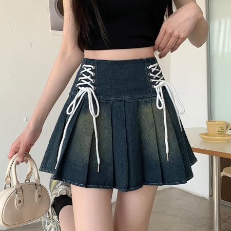 复古双边绑绳系带半身裙高腰显瘦百褶裙小个子牛仔短裙  服裝批發女裝批發服飾貨源