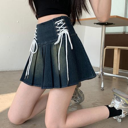 复古双边绑绳系带半身裙高腰显瘦百褶裙小个子牛仔短裙  服裝批發女裝批發服飾貨源