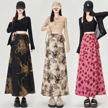 印花半身裙不规则后开叉包臀裙高腰显瘦系带半身裙女  服裝批發女裝批發服飾貨源