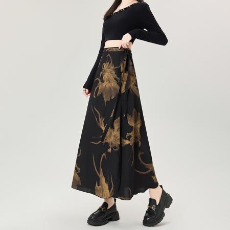 印花半身裙不规则后开叉包臀裙高腰显瘦系带半身裙女  服裝批發女裝批發服飾貨源