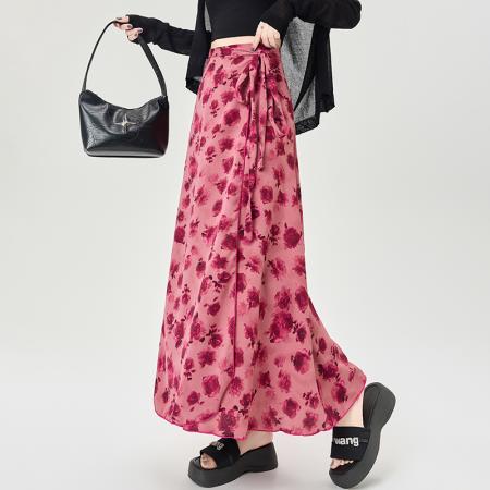 印花半身裙不规则后开叉包臀裙高腰显瘦系带半身裙女  服裝批發女裝批發服飾貨源