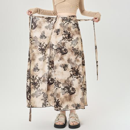 印花半身裙不规则后开叉包臀裙高腰显瘦系带半身裙女  服裝批發女裝批發服飾貨源