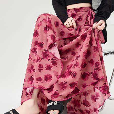 印花半身裙不规则后开叉包臀裙高腰显瘦系带半身裙女  服裝批發女裝批發服飾貨源