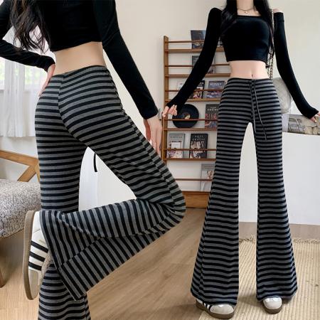 美式休闲撞色条纹微喇针织裤抽绳显瘦运动居家瑜伽长裤  服裝批發女裝批發服飾貨源